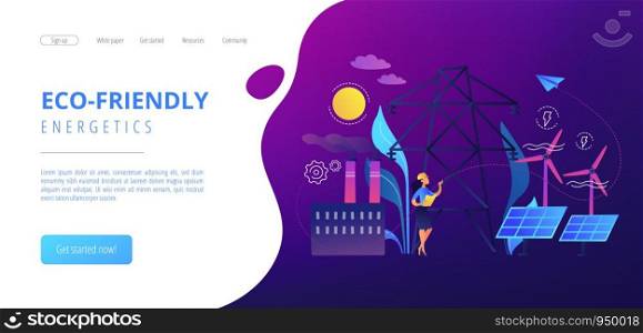 Engineer choosing power station with solar panels and wind turbines. Alternative energy, green energy technologies, eco-friendly energetics concept. Website vibrant violet landing web page template.. Alternative energy concept landing page.