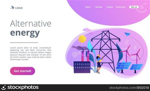 Engineer choosing power station with solar panels and wind turbines. Alternative energy, green energy technologies, eco-friendly energetics concept. Website vibrant violet landing web page template.. Alternative energy concept landing page.