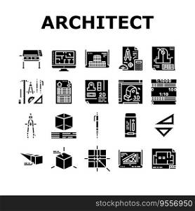 engineer construction architect icons set vector. people project, man office, building industry, work blueprint, business architecture engineer construction architect glyph pictogram Illustrations. engineer construction architect icons set vector