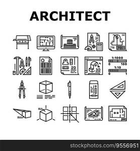 engineer construction architect icons set vector. people project, man office, building industry, work blueprint, business architecture engineer construction architect black contour illustrations. engineer construction architect icons set vector