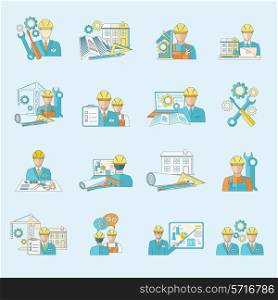 Engineer construction equipment industrial process production and manufacturing icons line set isolated vector illustration.