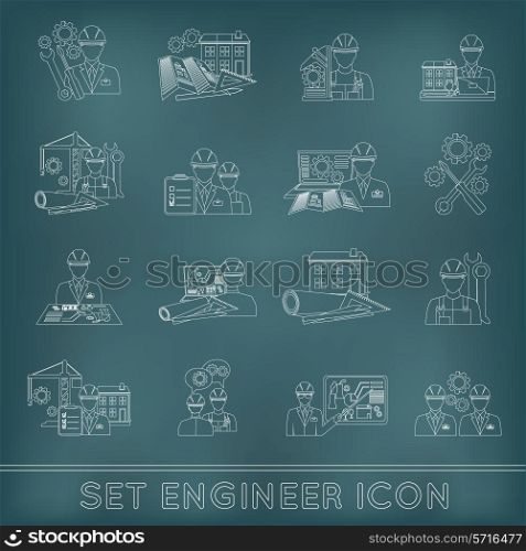 Engineer construction equipment industrial process technician workers with fixing tools icons outline set isolated vector illustration