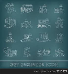 Engineer construction equipment industrial process technician workers with fixing tools icons outline set isolated vector illustration