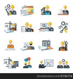 Engineer construction equipment machine operator managing and manufacturing icons flat set isolated vector illustration