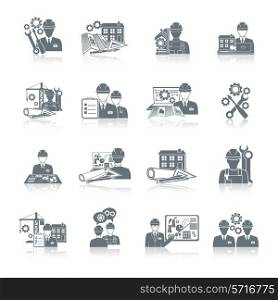 Engineer construction equipment machine operator production and manufacturing icons black set isolated vector illustration.