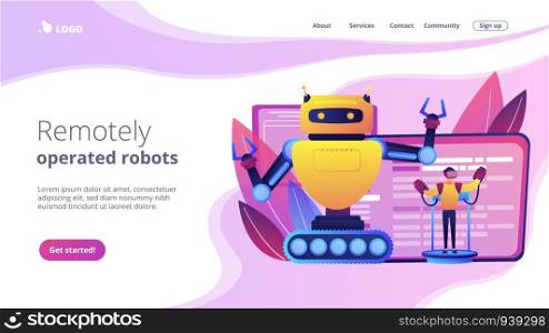 Engineer controlling big robot with remote technology. Remotely operated robots, robot control system, manipulation robotic system concept. Website vibrant violet landing web page template.. Remotely operated robots concept landing page.