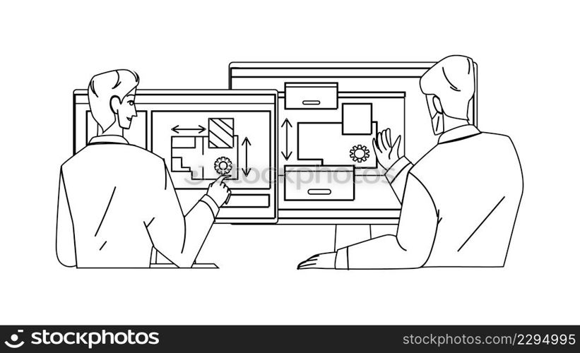 Engineer Design Apartment Plan Together Black Line Pencil Drawing Vector. Men Engineer Design House Construction On Computer Screen. Characters Engineering, Creative Business Occupation Illustration. Engineer Design Apartment Plan Together Vector