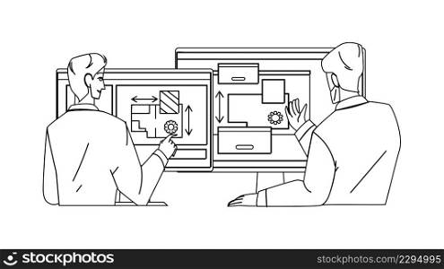 Engineer Design Apartment Plan Together Black Line Pencil Drawing Vector. Men Engineer Design House Construction On Computer Screen. Characters Engineering, Creative Business Occupation Illustration. Engineer Design Apartment Plan Together Vector