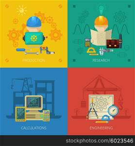Engineer Flat Icons Composition Square. Engineering project research statement design and implementation 4 flat icons squar composition banner abstract vector isolated illustration