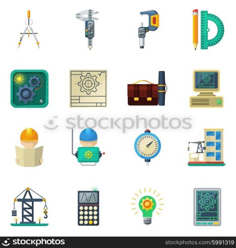 Engineer Flat Icons Set. Civil engineer working tools and buildings construction crane machinery equipment flat icons set abstract vector isolated illustration