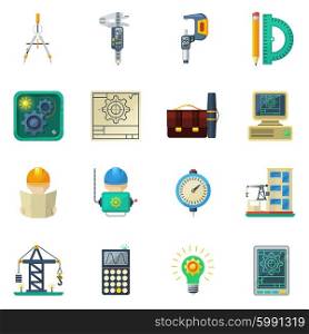 Engineer Flat Icons Set. Civil engineer working tools and buildings construction crane machinery equipment flat icons set abstract vector isolated illustration