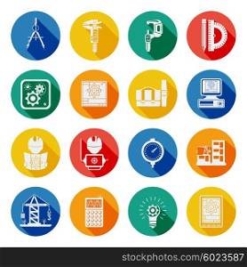 Engineer Flat Round Icons Set Shadow. Engineering building construction projects tools and equipment flat round slant shadow icons set abstract vector isolated illustration