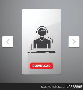 Engineer, headphones, listen, meloman, music Glyph Icon in Carousal Pagination Slider Design   Red Download Button. Vector EPS10 Abstract Template background