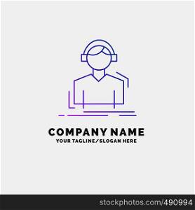 Engineer, headphones, listen, meloman, music Purple Business Logo Template. Place for Tagline. Vector EPS10 Abstract Template background