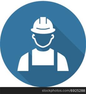 Engineer Icon. Man in Hard Hat. Buider Symbol.. Engineer Icon. Man in Hard Hat. Buider Symbol. Flat Line Pictogram. Isolated on white background. Long Shadow.