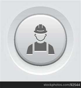 Engineer Icon. Man in Hard Hat. Buider Symbol.. Engineer Icon. Man in Hard Hat. Buider Symbol. Flat Line Pictogram. Isolated on white background. Grey Button Design.