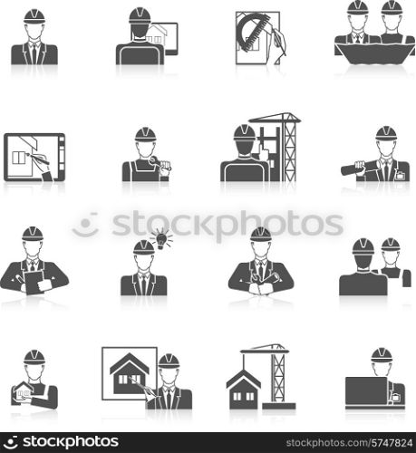 Engineer in factory and workshop industrial production icons set black vector illustration