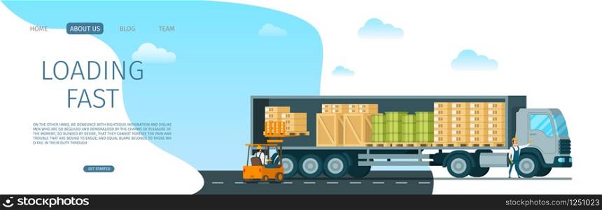 Engineer in Forklift Car Loading Fast Box to Truck. Male Character in Loader Upload Goods to Delivery Van. Picture of Worker in Uniform Standing Infront. Flat Cartoon Vector Illustration. Engineer in Forklift Car Loading Box to Truck
