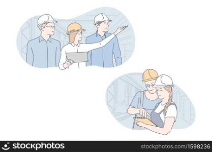 Engineer, industrial, building, teamwork set concept. Men and women present building. Boy and girl builders do teamwork, check plan of industrial project. Engineer examines factory. Simple flat vector. Engineer, industrial, building, teamwork set concept