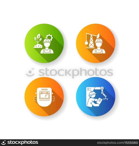 Engineer job flat design long shadow glyph icons set. Petroleum extraction worker. Environmental engineering. Project management for factory work. Silhouette RGB color illustration. Engineer job flat design long shadow glyph icons set