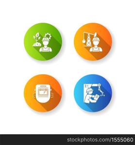 Engineer job flat design long shadow glyph icons set. Petroleum extraction worker. Environmental engineering. Project management for factory work. Silhouette RGB color illustration. Engineer job flat design long shadow glyph icons set
