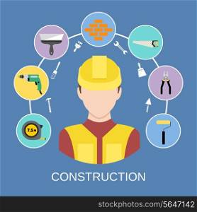 Engineer silhouette avatar and builder and construction industry instrument assortment icons set vector illustration