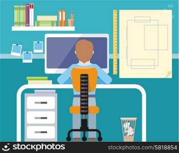 Engineer sitting on chair at table in front of computer monitor and stand with drawing plan cartoon flat design style