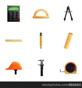 Engineer tools icon set. Cartoon set of 9 engineer tools vector icons for web design isolated on white background. Engineer tools icon set, cartoon style