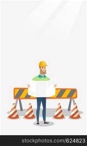 Engineer watching a blueprint at construction site. Engineer with blueprint standing on the background of road barriers. Engineer holding blueprint. Vector flat design illustration. Vertical layout.. Engineer watching a blueprint vector illustration.