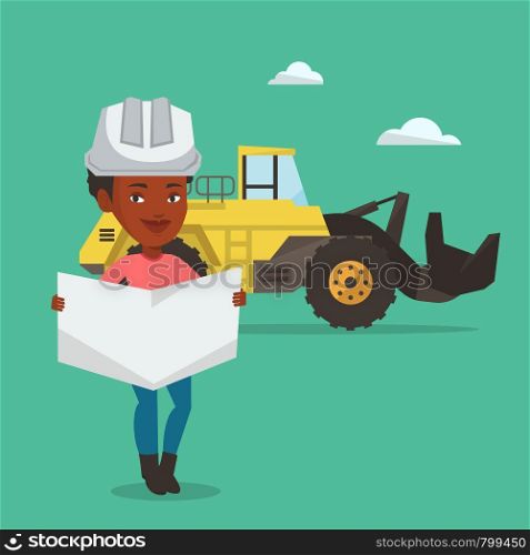 Engineer watching a blueprint at construction site. Engineer with engineer blueprint standing on the background of excavator. Vector flat design illustration. Square layout. Engineer watching a blueprint vector illustration.