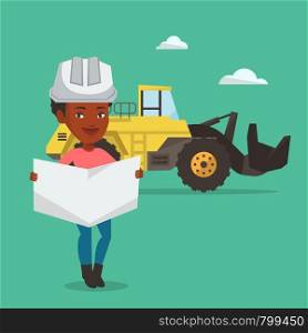 Engineer watching a blueprint at construction site. Engineer with engineer blueprint standing on the background of excavator. Vector flat design illustration. Square layout. Engineer watching a blueprint vector illustration.