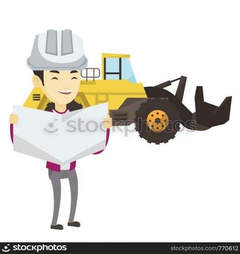 Engineer watching blueprint at construction site. Engineer with blueprint standing on the background of excavator. Engineer with blueprint. Vector flat design illustration isolated on white background. Engineer watching a blueprint vector illustration.