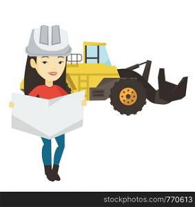 Engineer watching blueprint at construction site. Engineer with blueprint standing on the background of excavator. Engineer with blueprint. Vector flat design illustration isolated on white background. Engineer watching a blueprint vector illustration.