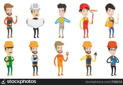 Engineer watching blueprint of construction. Engineer in hard hat holding a blueprint. Young engineer working on tablet computer. Set of vector flat design illustrations isolated on white background.. Vector set of constructors and builders characters