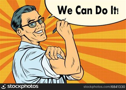 Engineer we can do it. Scientist accurate calculation. Pop art retro vector illustration. Engineer we can do it