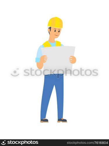 Engineer wearing helmet holding paper with project, portrait view of contractor with list, building industry, renovation element, builder man vector. Builder Standing with Engineering Project Vector