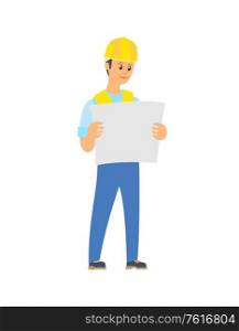 Engineer wearing helmet holding paper with project, portrait view of contractor with list, building industry, renovation element, builder man vector. Builder Standing with Engineering Project Vector