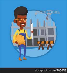 Engineer with blueprint at construction site. Engineer holding twisted blueprint and hard hat. Man checking construction works. Vector flat design illustration in the circle isolated on background.. Engineer with hard hat and blueprint.