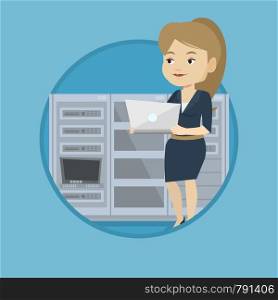 Engineer working in network server room. Engineer standing in network server room. Network engineer using laptop in server room. Vector flat design illustration in the circle isolated on background.. Engineer working on laptop in network server room.