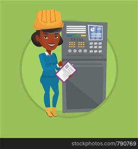 Engineer working on control panel. Engineer pressing button at control panel. Engineer standing in front of the control panel. Vector flat design illustration in the circle isolated on background.. Engineer standing near control panel.