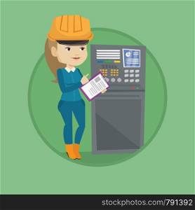 Engineer working on control panel. Engineer pressing button at control panel. Engineer standing in front of the control panel. Vector flat design illustration in the circle isolated on background.. Engineer standing near control panel.