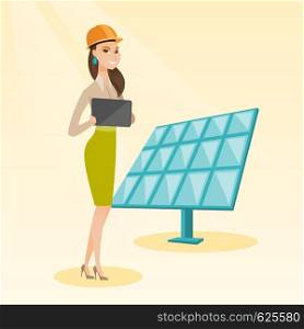 Engineer working on digital tablet at solar power plant. Worker with tablet computer at solar power plant. Worker in hard hat checking solar panel setup. Vector flat design illustration. Square layout. Female worker of solar power plant.