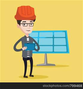 Engineer working on digital tablet at solar power plant. Worker with tablet computer at solar power plant. Worker in hard hat checking solar panel setup. Vector flat design illustration. Square layout. Male worker of solar power plant.