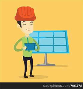 Engineer working on digital tablet at solar power plant. Worker with tablet computer at solar power plant. Worker in hard hat checking solar panel setup. Vector flat design illustration. Square layout. Asian worker of solar power plant.