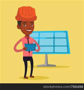 Engineer working on digital tablet at solar power plant. Worker with tablet computer at solar power plant. Worker in hard hat checking solar panel setup. Vector flat design illustration. Square layout. Male worker of solar power plant.