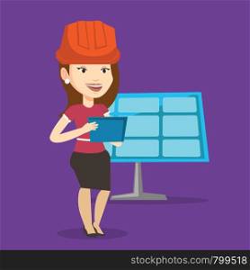 Engineer working on digital tablet at solar power plant. Worker with tablet computer at solar power plant. Worker in hard hat checking solar panel setup. Vector flat design illustration. Square layout. Female worker of solar power plant.