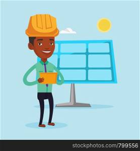 Engineer working on digital tablet at solar power plant. African-american worker of solar power plant. Engineer in hard hat checking solar panel setup. Vector flat design illustration. Square layout.. Male worker of solar power plant.