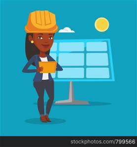 Engineer working on digital tablet at solar power plant. African-american worker of solar power plant. Engineer in hard hat checking solar panel setup. Vector flat design illustration. Square layout.. Female worker of solar power plant.