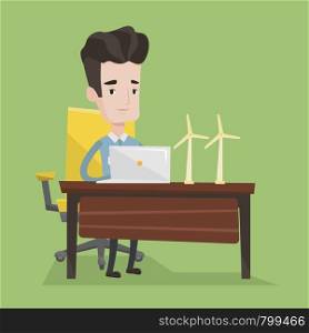 Engineer working on laptop. Engineer projecting wind turbines in his office. Man working with model wind turbines. Green renewable energy concept. Vector flat design illustration. Square layout.. Man working with model wind turbines on the table.