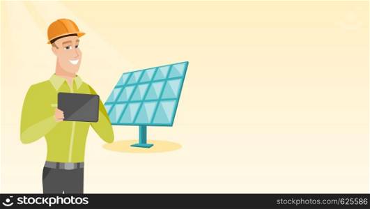 Engineer working on tablet at solar power plant. Worker with tablet computer at solar power plant. Worker in hard hat checking solar panel setup. Vector flat design illustration. Horizontal layout.. Caucasian worker of solar power plant.